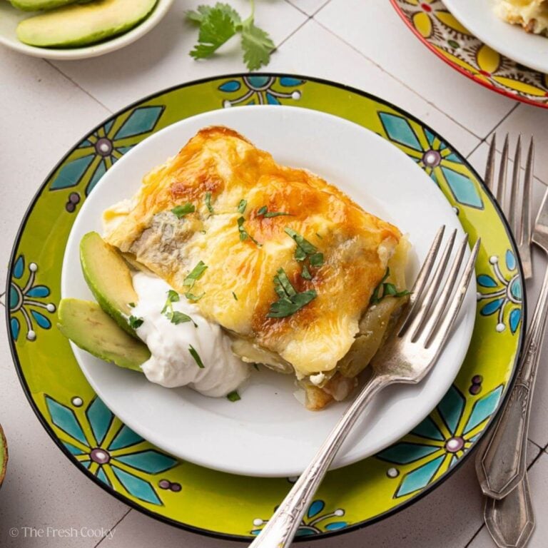 Chile Relleno Casserole Recipe slice on a plate garnished with cilantro.