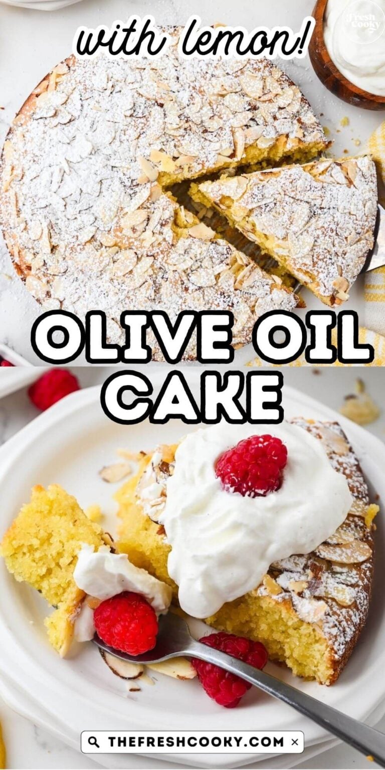 Olive oil almond flour cake and slice topped with whipped cream, for pinning.