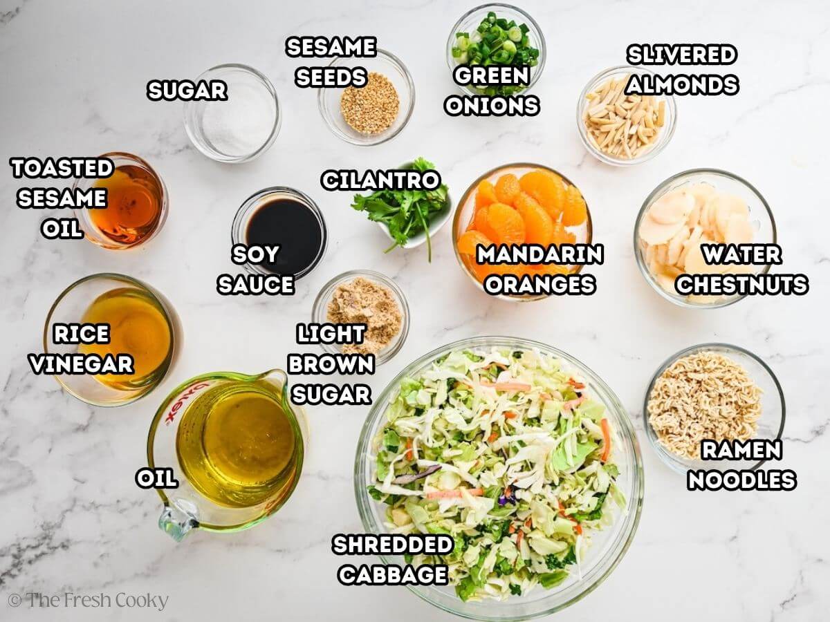 Asian ramen salad labeled ingredients, L-R toasted sesame oil, sugar, sesame seeds, green onions, slivered almonds, water chestnuts, ramen noodles, cabbage, oil, rice vinegar, soy sauce, cilantro and light brown sugar.