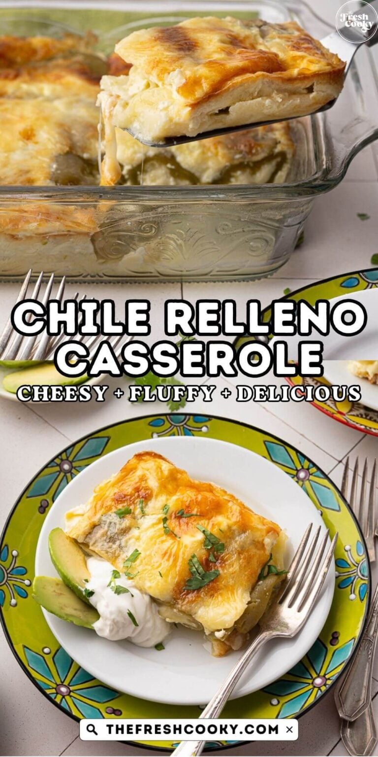 A chile casserole in baking dish, with a slice on a white plate with a fork, for pinning.