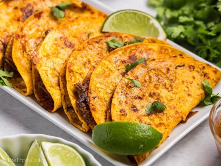 Crockpot birria tacos leaning on each other on a plate.