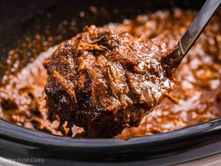 Ladle scooping up crockpot birria beef.