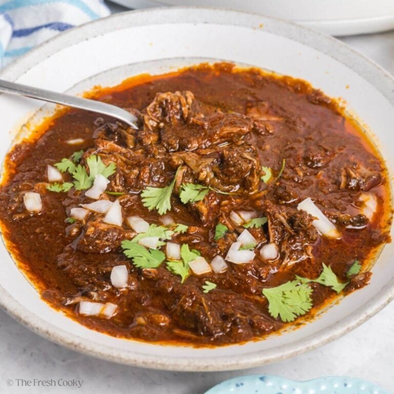 Birria beef in a bowl garnished with cilantro and onions.