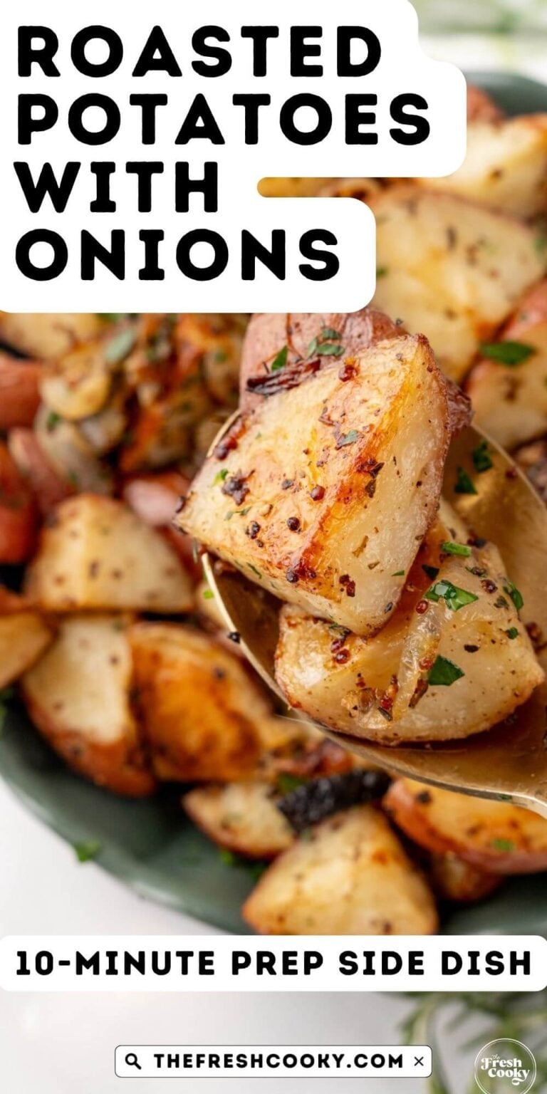 Close up of serving spoon with a couple of crispy roasted potatoes for pinning.