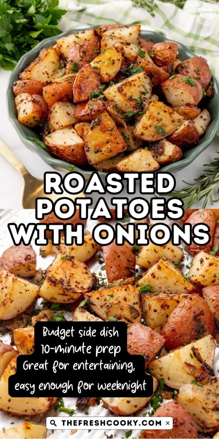 Roasted potatoes with onions in a serving dish and on the sheet pan, to pin.