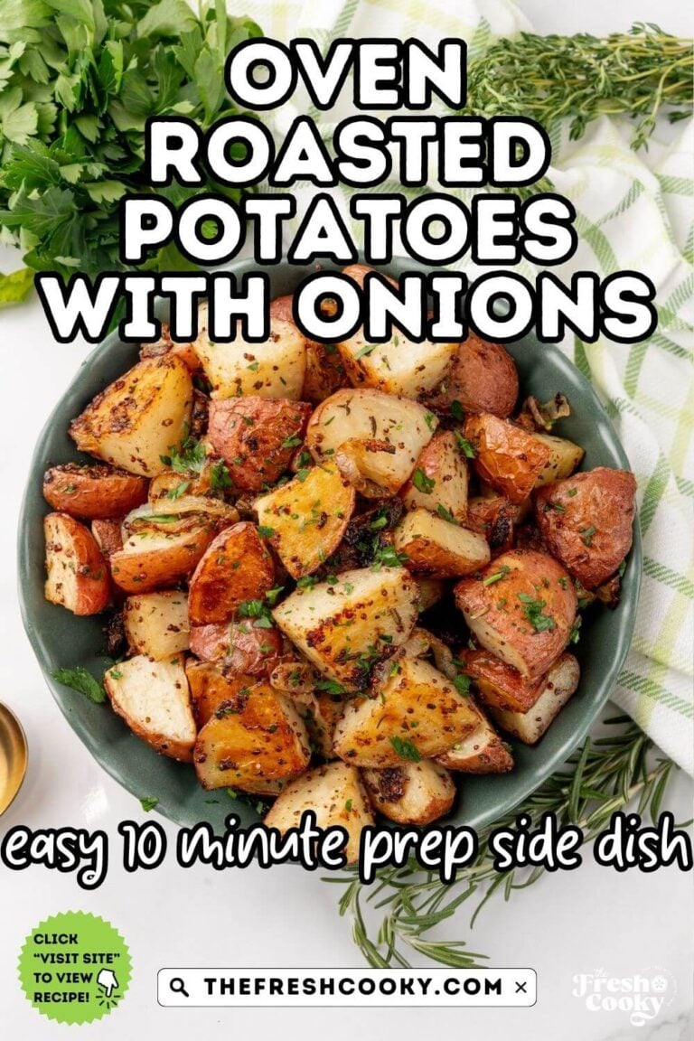 Looking down on a serving dish full of crispy roasted potatoes and onions, for pinning.