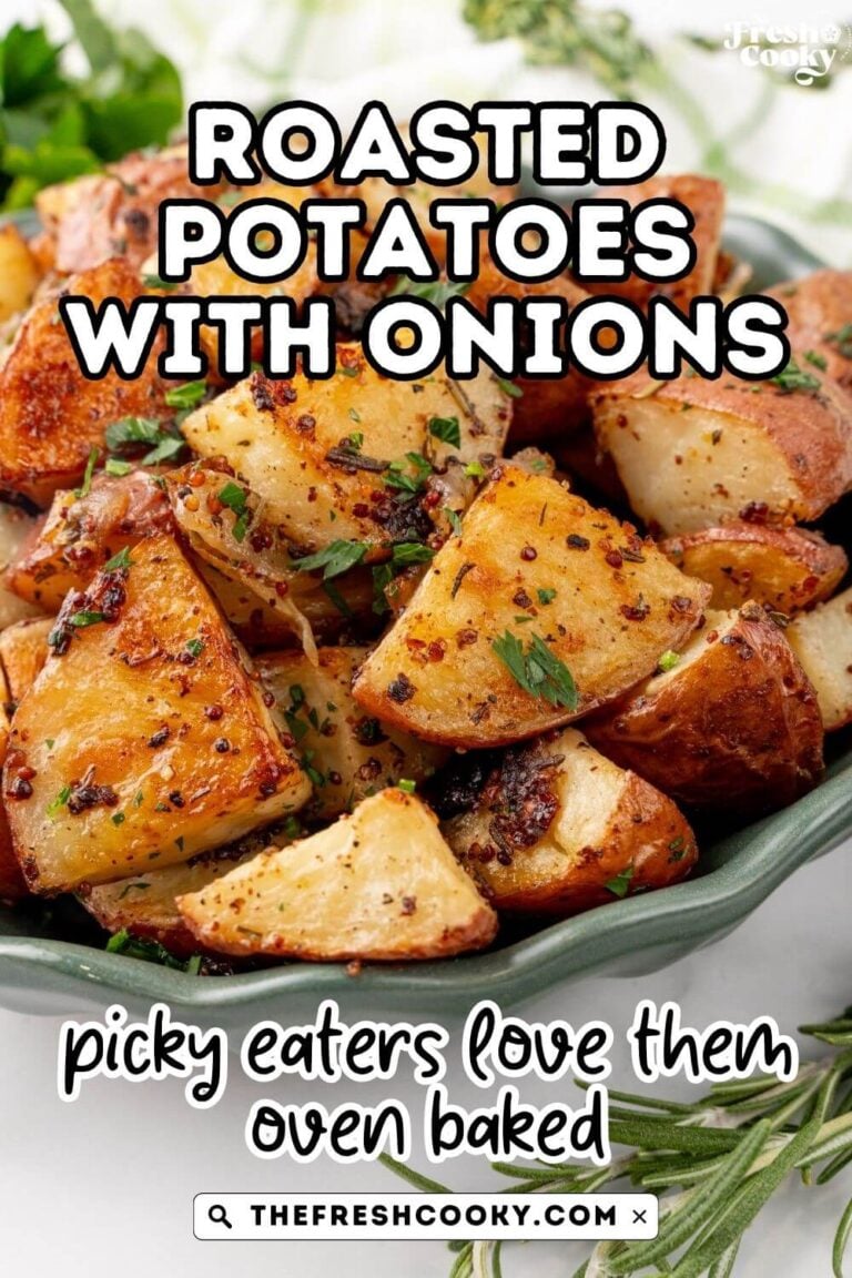 A bowl of roasted red potatoes with caramelized onions to pin.