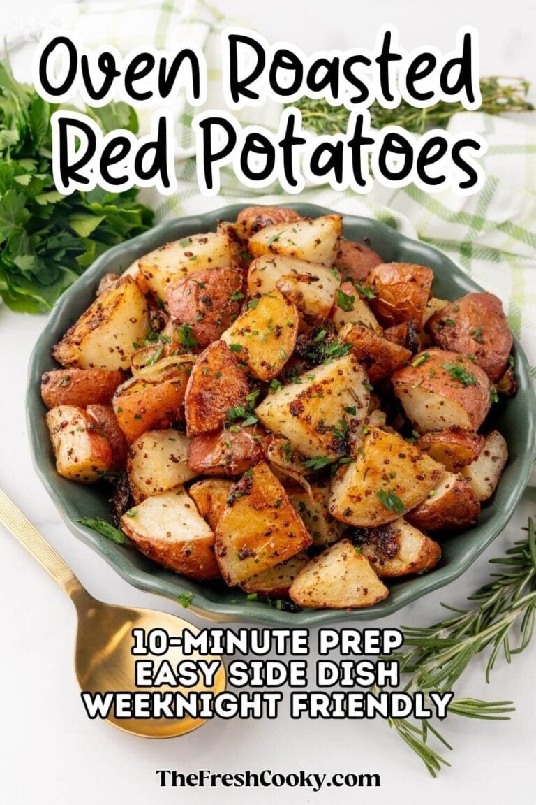 To Pin, Roasted red potatoes with onions, crispy and herby in a pretty scalloped gray serving bowl.