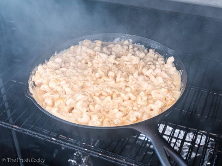 Smoked mac and cheese in smoker.