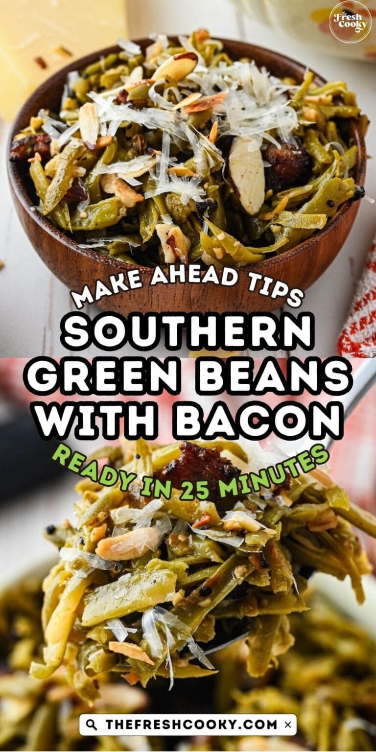 Southern style green beans in a wooden bowl and a serving spoon grabbing some. Green beans with bacon, topped with toasted almonds and parmesan cheese, to pin.
