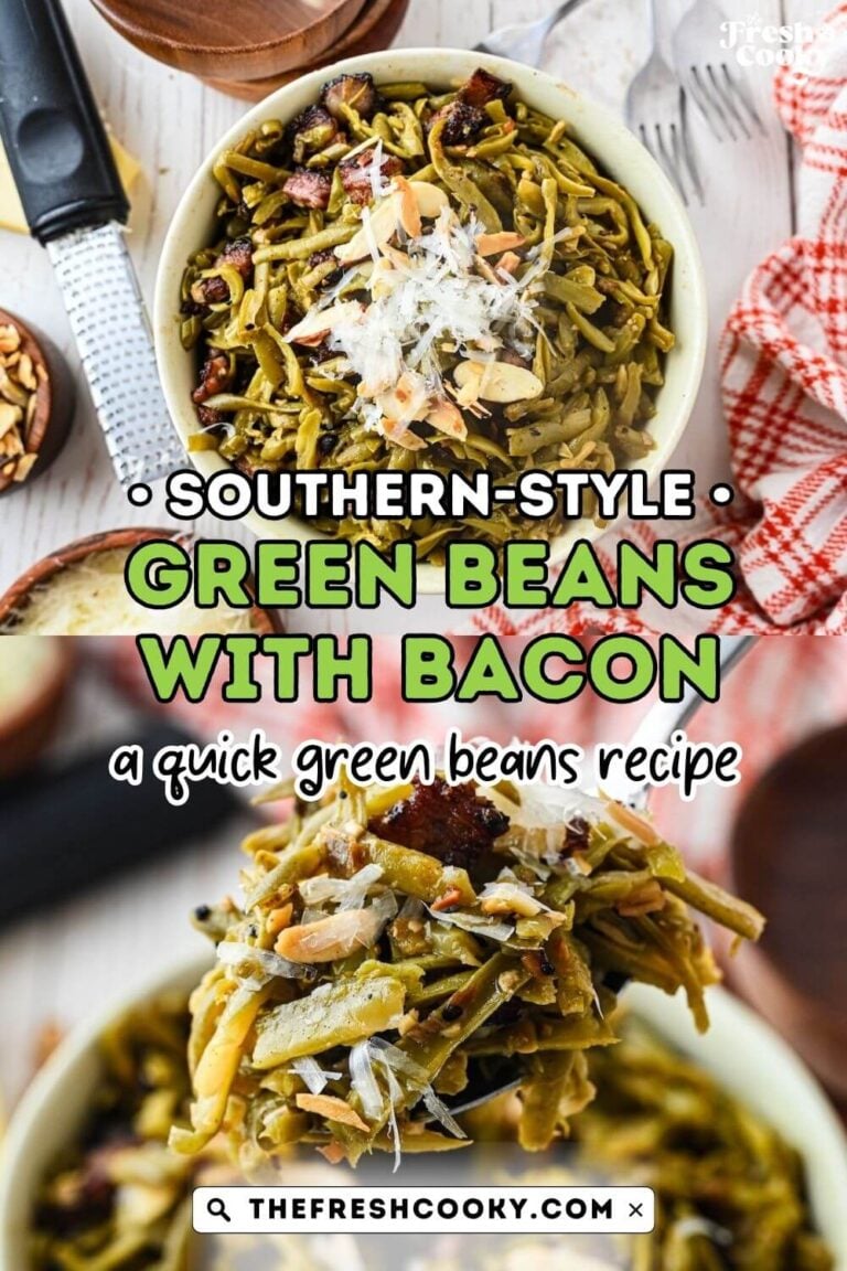 A white bowl serving Southern style green beans with bacon and topped with parmesan cheese and sliced almonds, and a spoon grabbing a serving of the green beans, to pin.