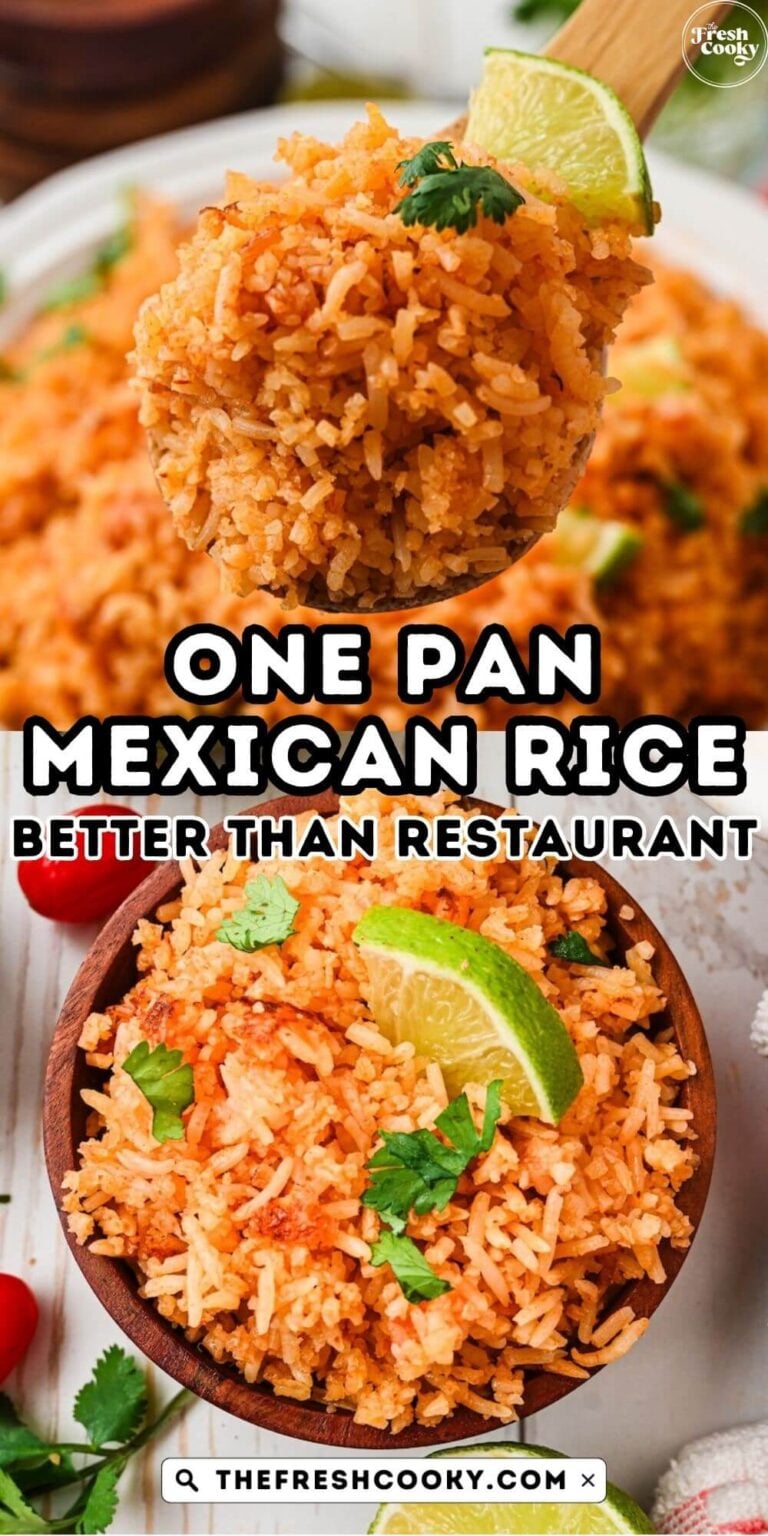 A wooden spoon holding a serving of bright orange-ish red, Spanish, Mexican rice topped with cilantro and lime, also shown in a wooden bowl, to pin.