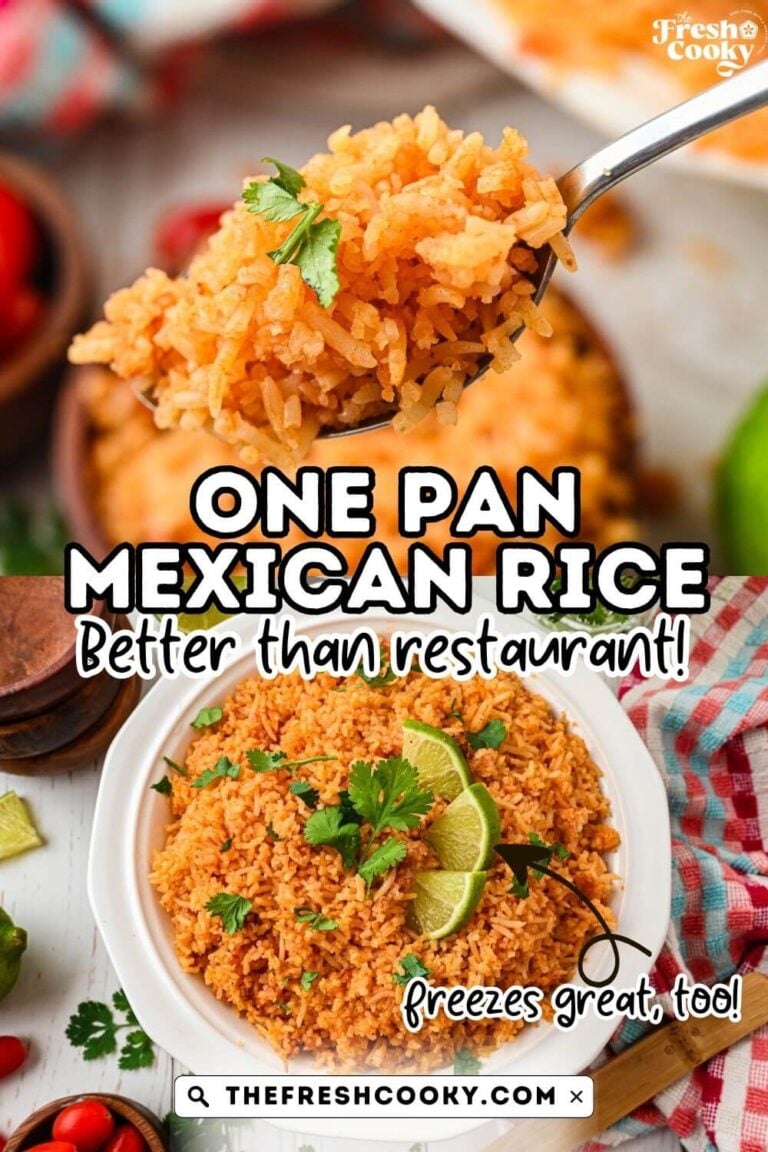 A spoon with a serving of Spanish / Mexican rice and in a pretty white bowl, topped with cilantro and a lime wedge, for pinning.