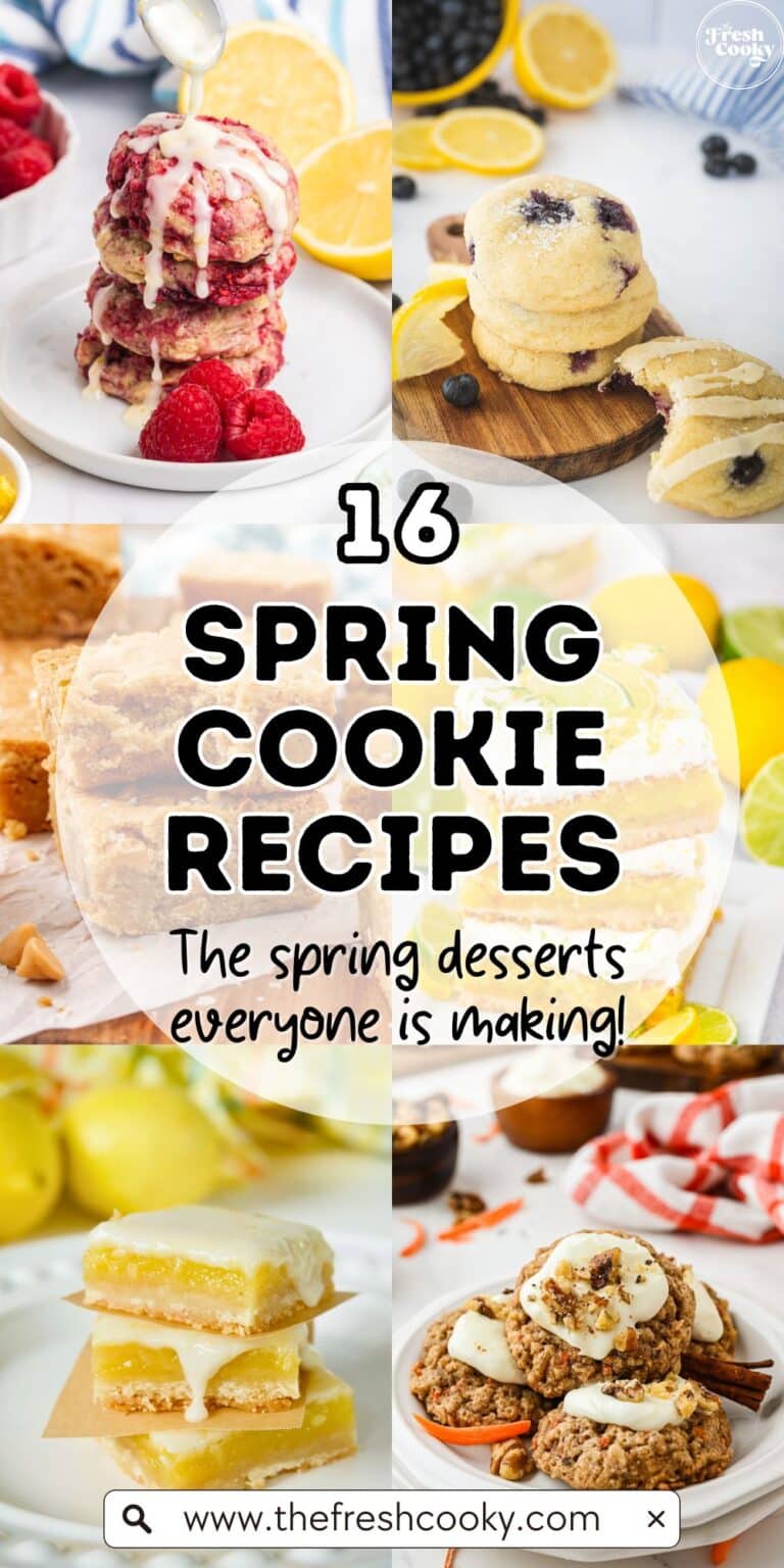 Spring cookie recipe, showing L-R spring cookies, Lemon raspberry cookies, Lemon blueberry cookies, blondies, lemon lime bars, lemon squares and carrot cake oat cookies. To Pin.
