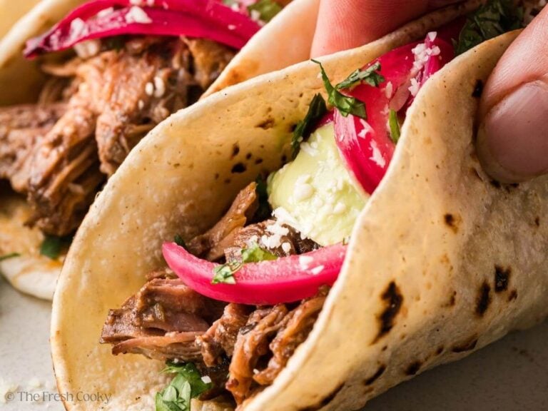 Hand grabbing a barbacoa beef taco with the toppings.