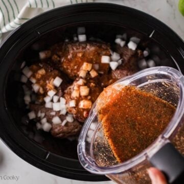 Pour the sauce over the beef.