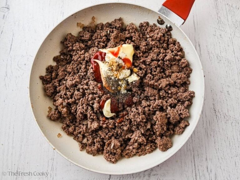 Browned ground beef with mayo, ketchup, worcestershire, spices, and Dijon.