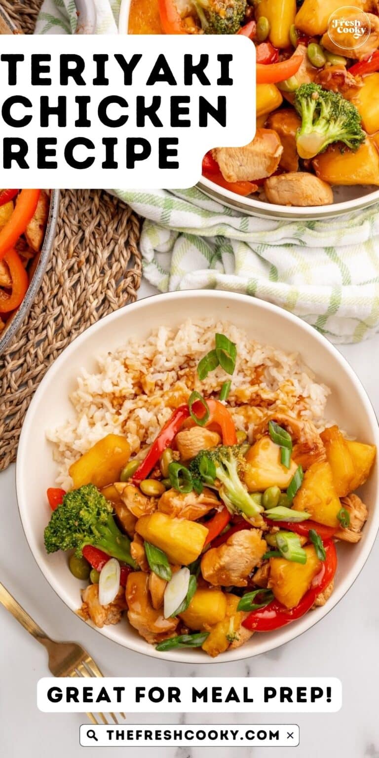 Looking down on a bowl of chicken teriyaki with vegetables over rice, for pinning.