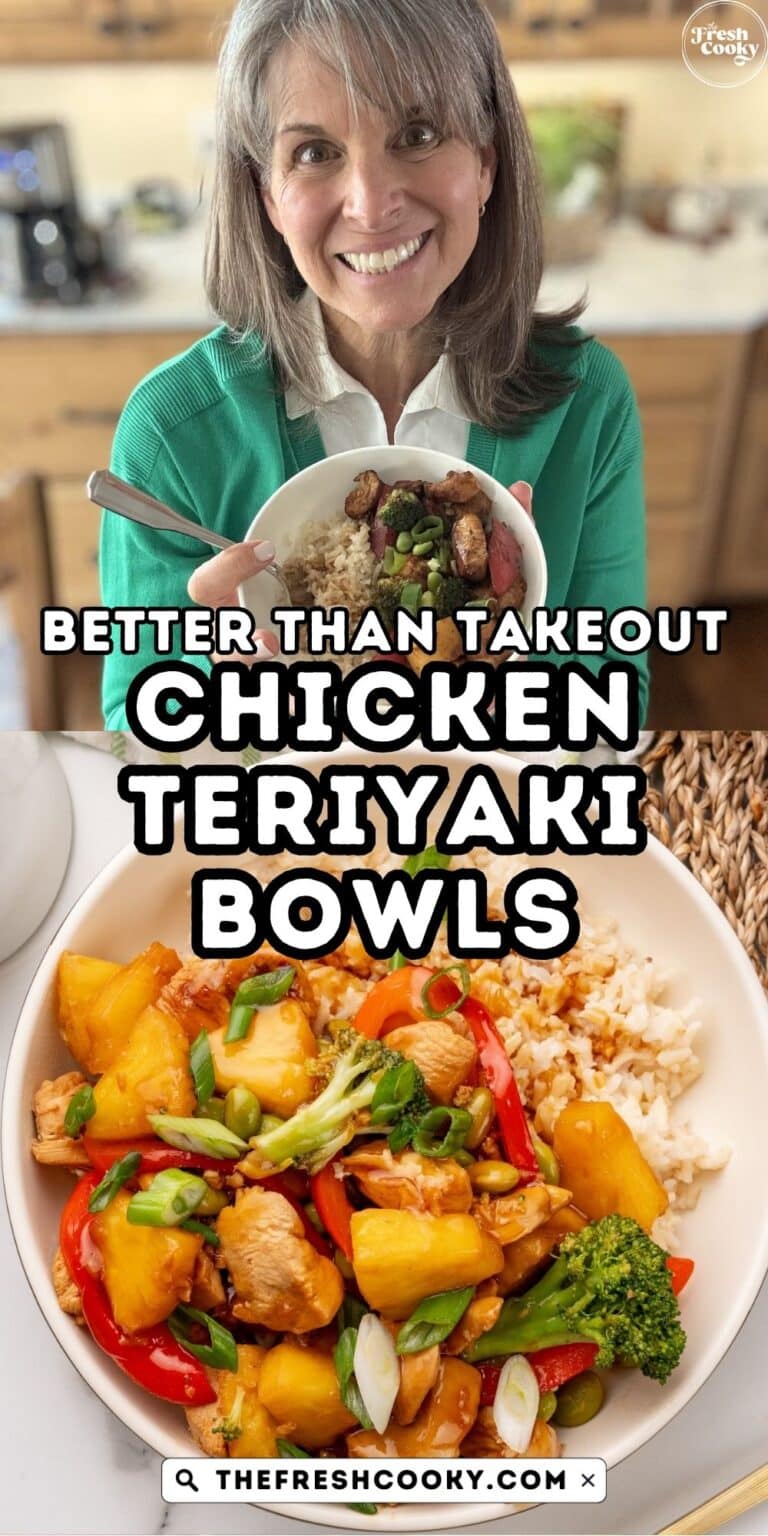 The author, holding a chicken teriyaki rice bowl, with close-up of it below, for pinning.