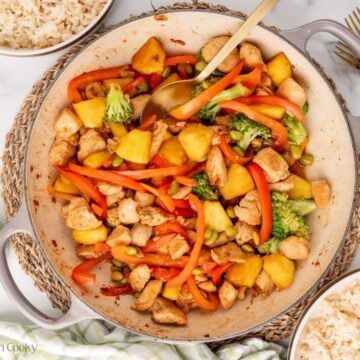 Finished chicken teriyaki in a skillet.