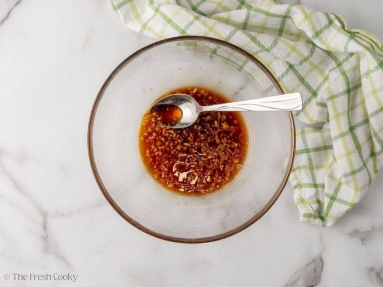 Teriyaki chicken marinade ingredients mixed together in a bowl.