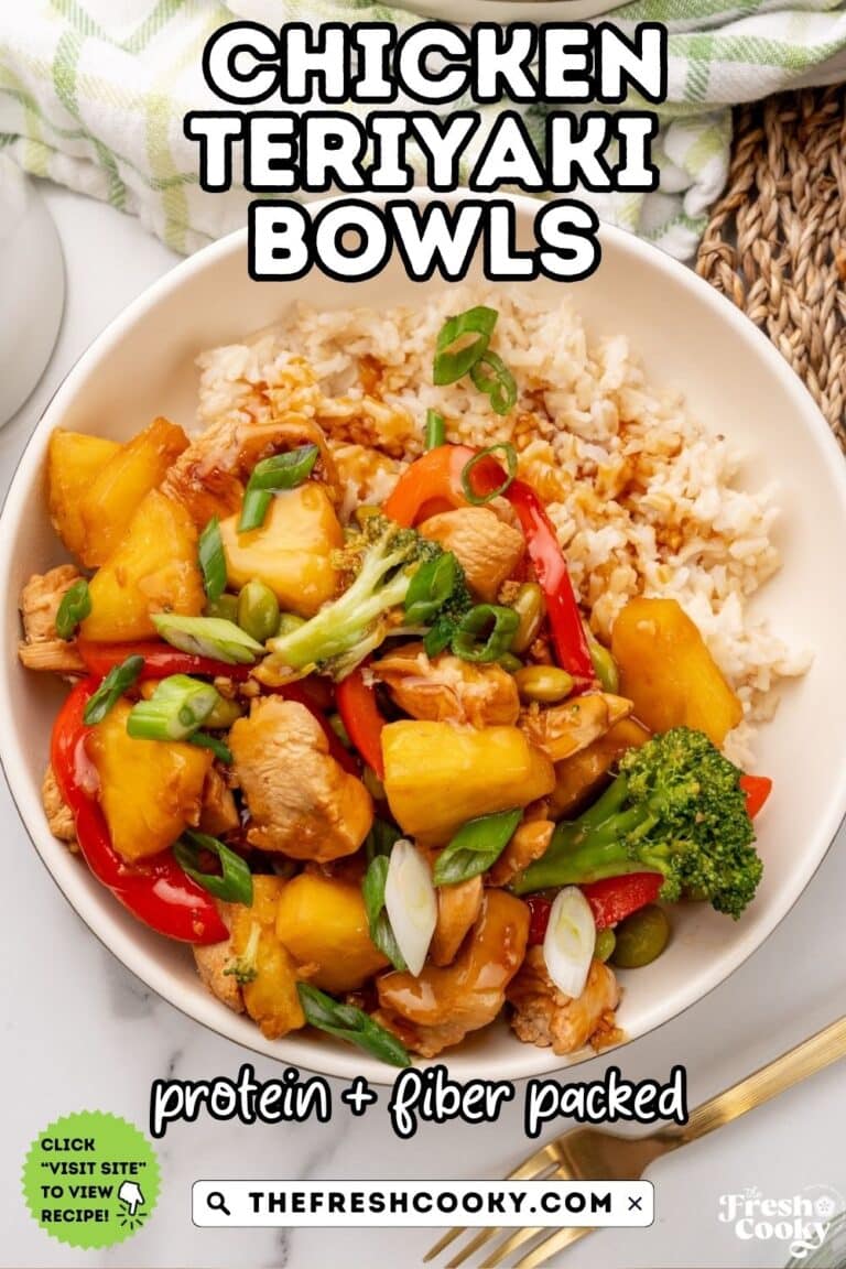 A chicken teriyaki rice bowl, filled with pineapple, broccoli and peppers, to pin.
