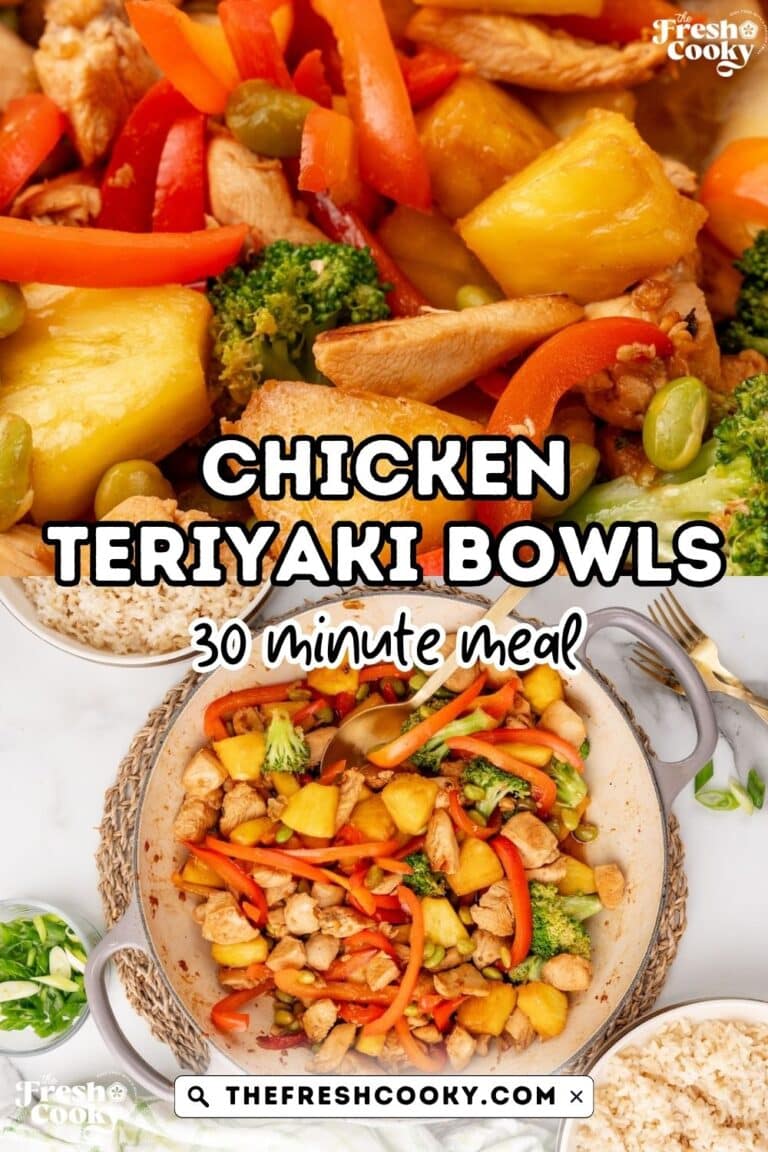 Teriyaki chicken bowl and in saute pan, for pinning.
