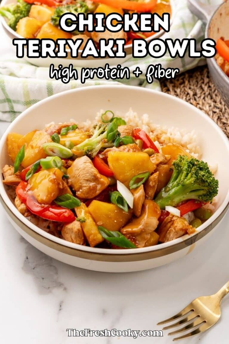 Teriyaki chicken rice bowl on table, with veggies and rice, for pinning.