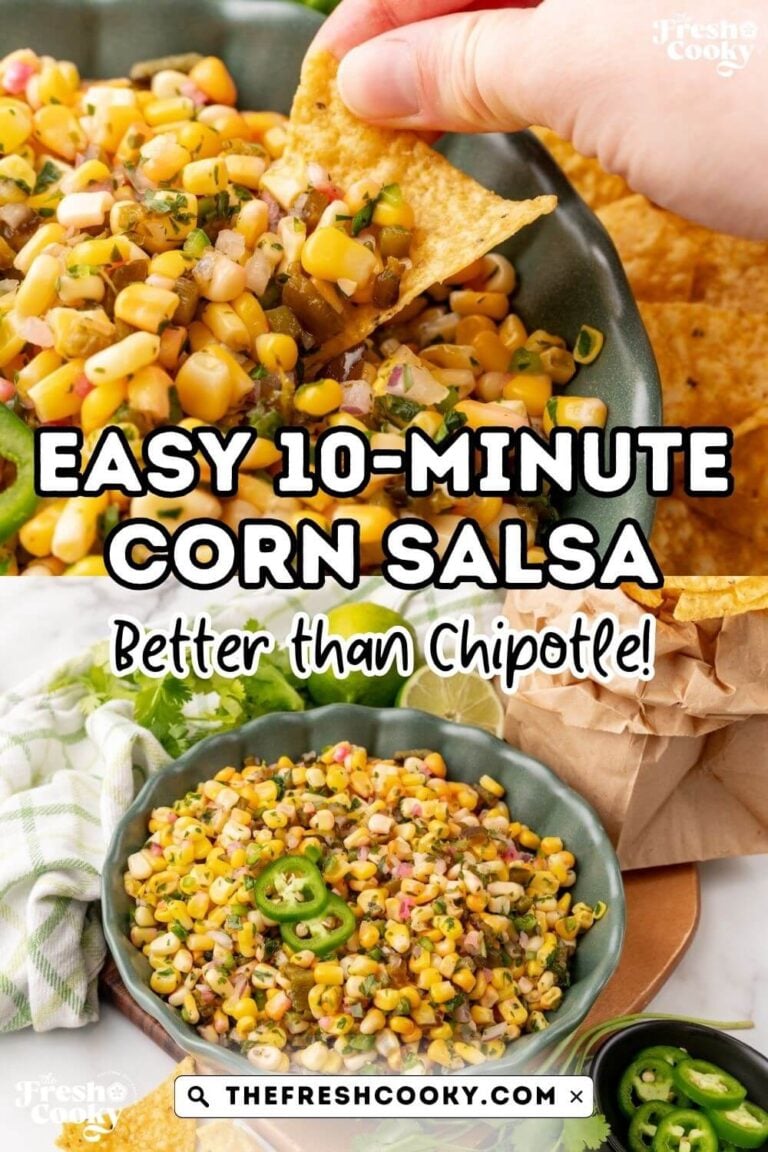 Hand scooping chipotle corn salsa onto a tortilla chip and a large bowl with tortilla chips nearby. To pin.
