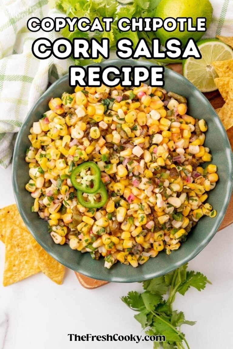 A pretty bowl of corn salsa a Chipotle copycat recipe, for pinning.