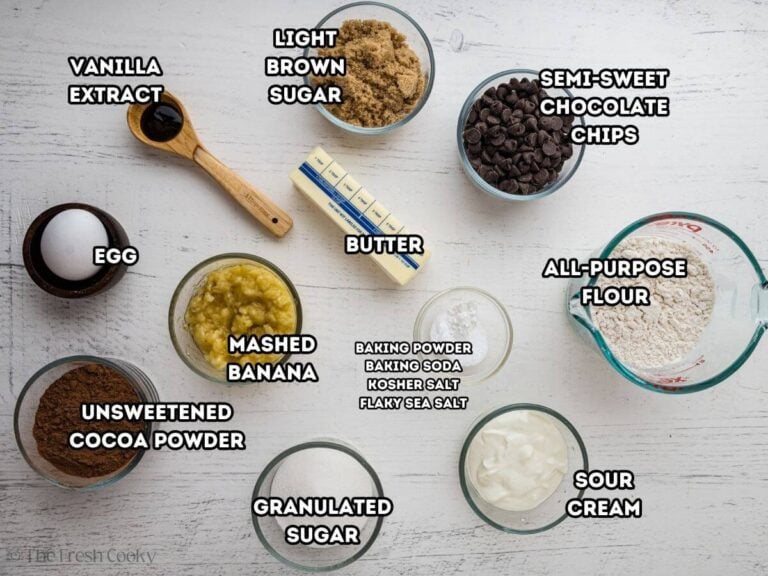 Ingredients needed to make chocolate banana cookies.