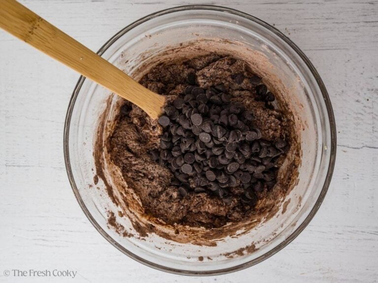 Chocolate chips added into the banana chocolate cookie batter.