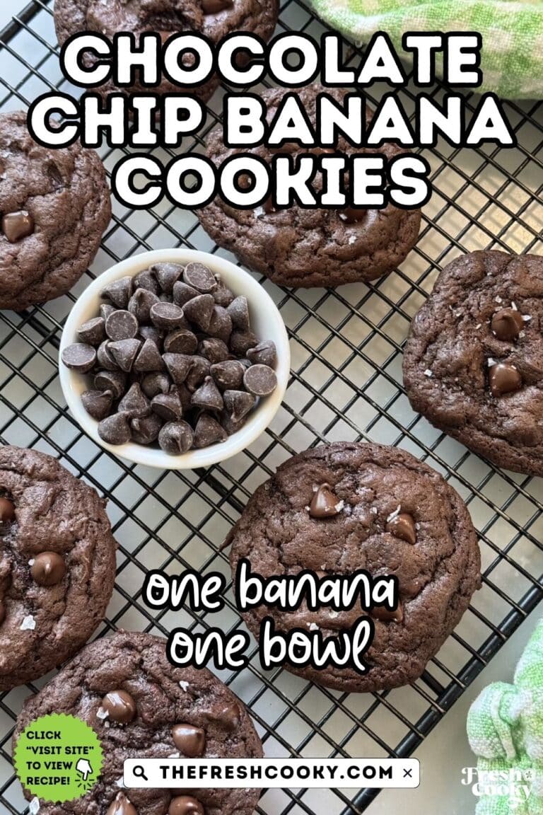 Soft, chewy, banana chocolate cookies on a cooling rack with chocolate chips for pinning.