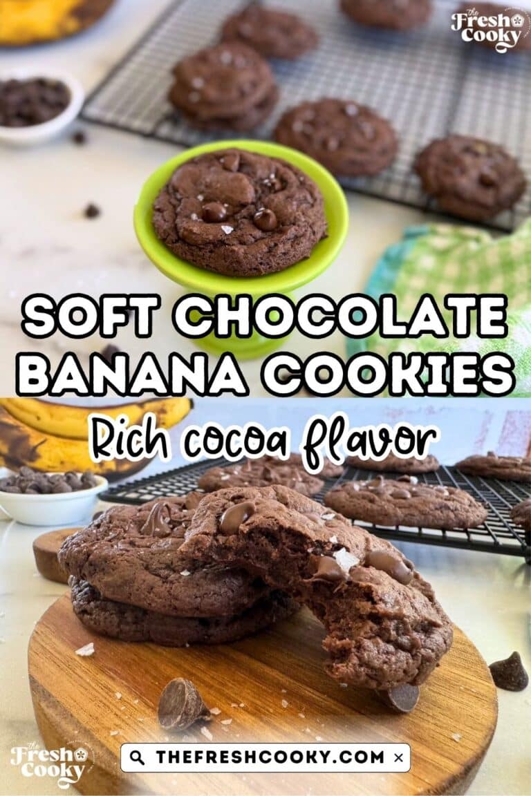 Soft and chewy banana cookies on a pedestal and broken in half to show gooey insides, for pinning.