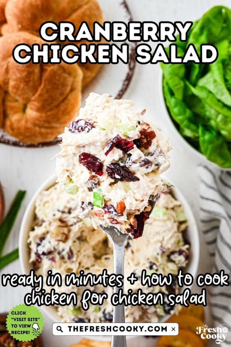 A spoonful of cranberry chicken salad with the bowl below, for pinning.