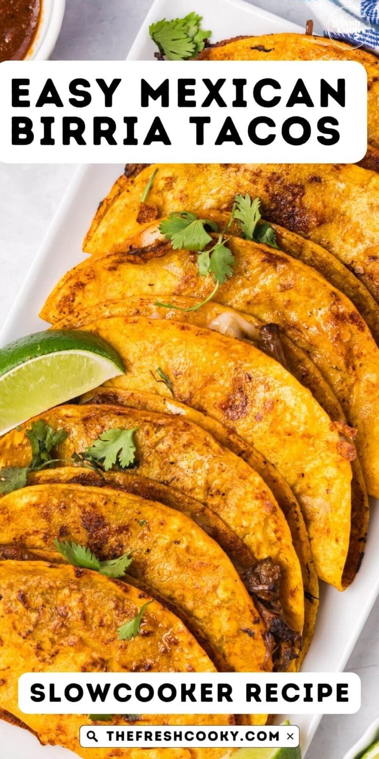 A pin with layered crispy birria tacos on a platter, garnished with limes and cilantro to pin.