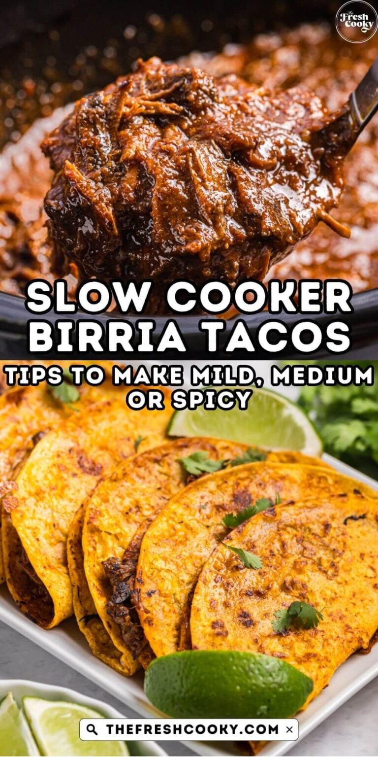 For pinning, slow cooker with birria beef and quesabirria tacos on platter.