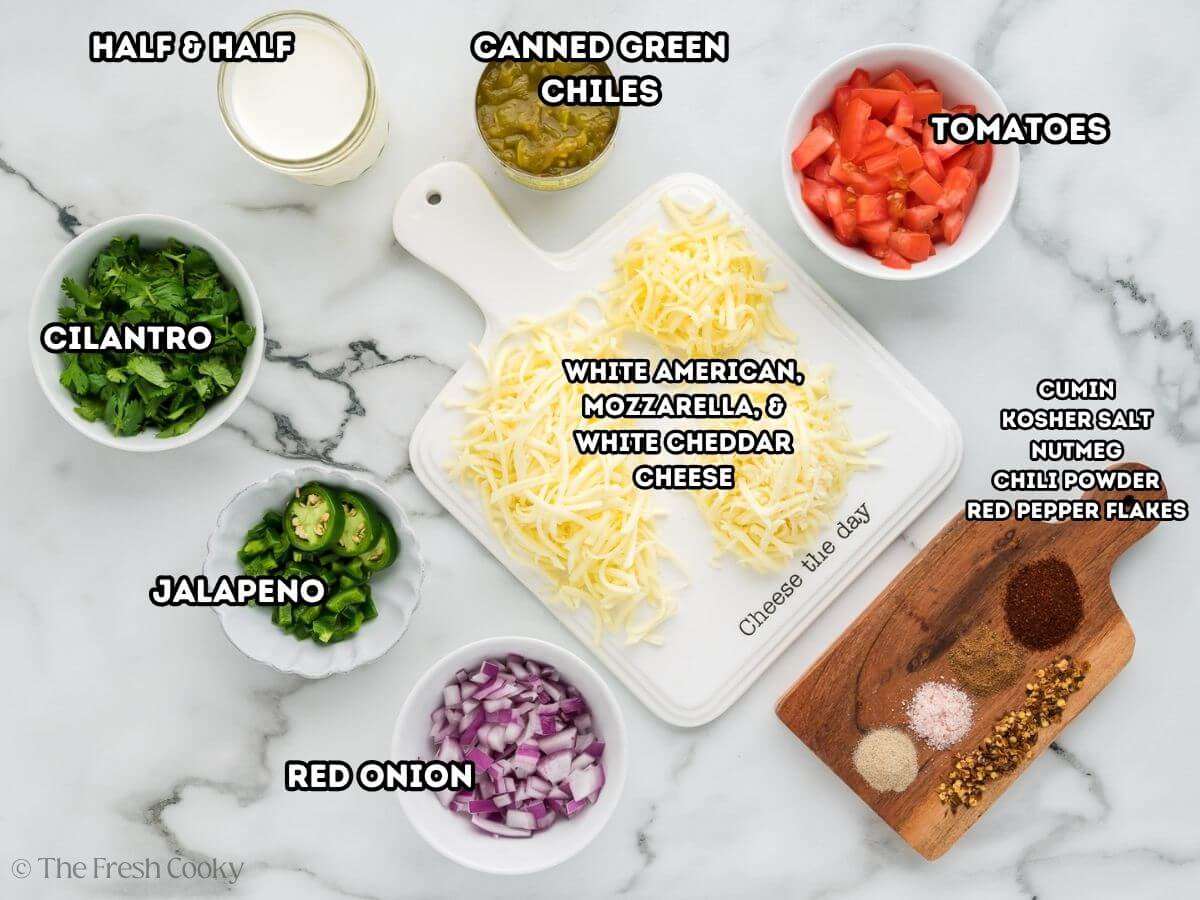 Queso dip ingredients, L-R half and half, green chiles, tomatoes, cumin, salt, red pepper flakes, nutmeg, red onions, jalapenos, cilantro, mozzarella, white American cheese, white cheddar cheese.