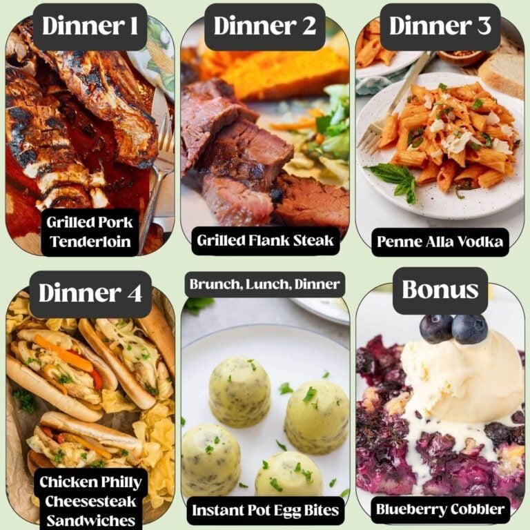 Meal plan number 6: grilled pork tenderloin, grilled flank steak, penne alla vodka, chicken philly cheesesteak sandwiches, instant pot egg bites, blueberry cobbler.