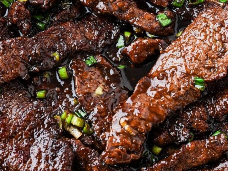 Mongolian beef close-up, with sauce.