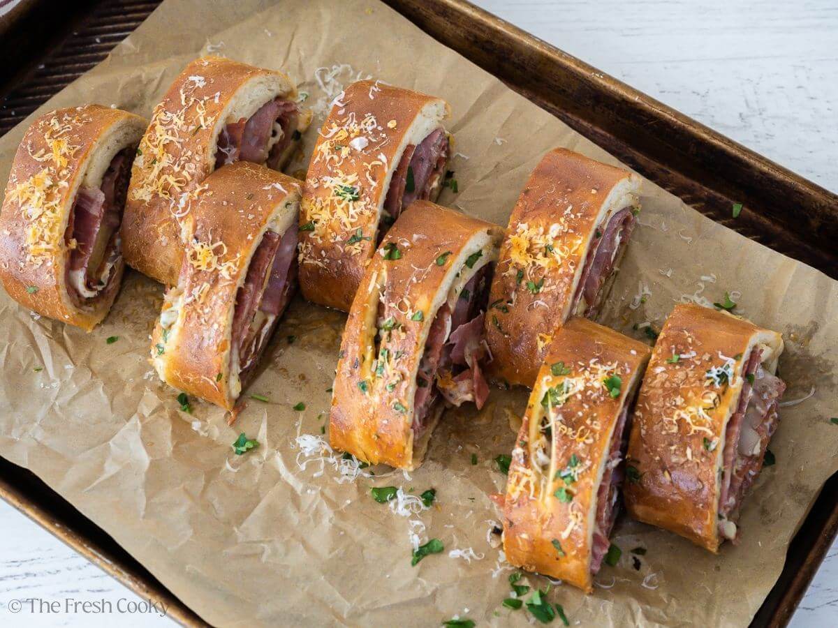 Stromboli sliced on sheet pan.