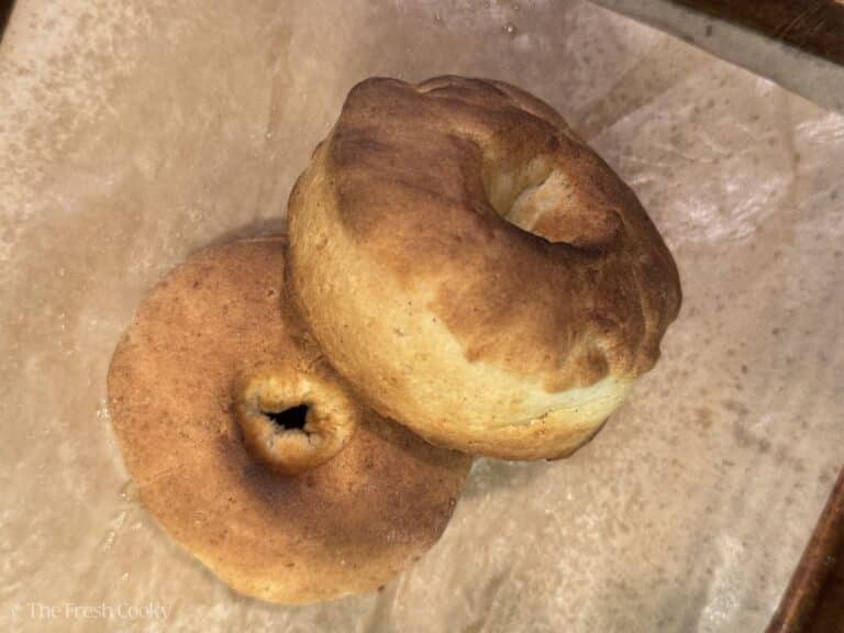 Golden air fried donuts, puffed up nicely.