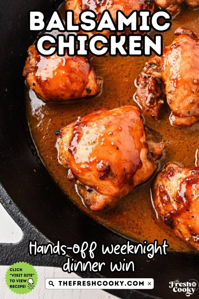 Close up of balsamic chicken in cast iron pan with rich balsamic honey sauce, to pin.