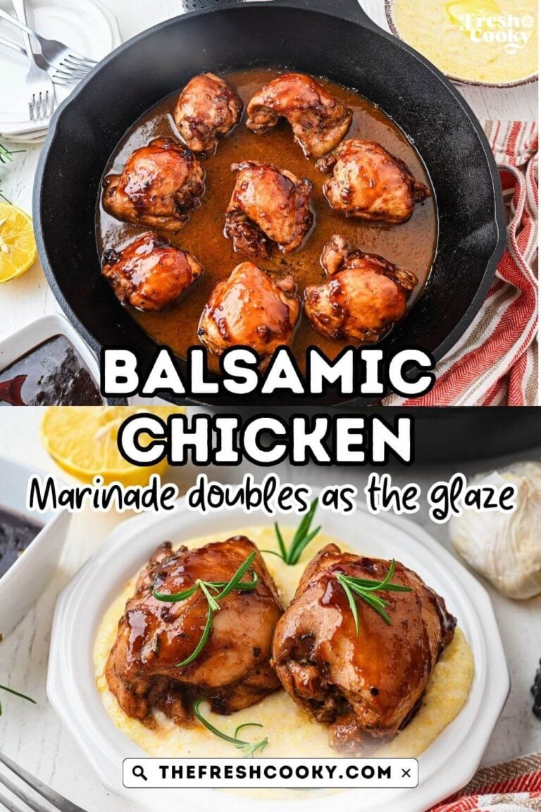 Chicken thighs in balsamic marinade in cast iron pan and serving on top of creamy polenta, for pinning.