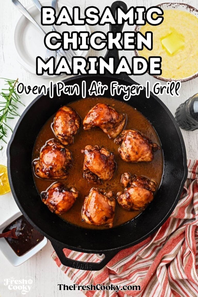 A pan of balsamic chicken thighs in a velvety rich sauce, with polenta for serving, to pin.