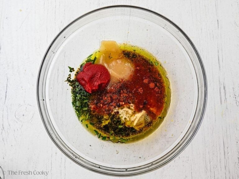 Balsamic honey chicken marinade ingredients in a bowl.