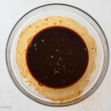 Balsamic honey chicken marinade mixed together in a glass bowl.