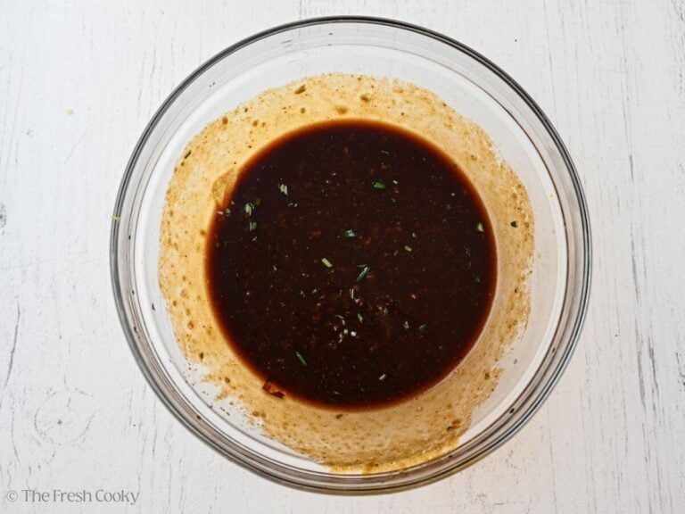 Balsamic honey chicken marinade mixed together in a glass bowl.