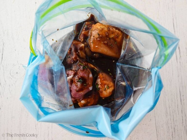 Chicken and balsamic marinade in a ziplock bag.