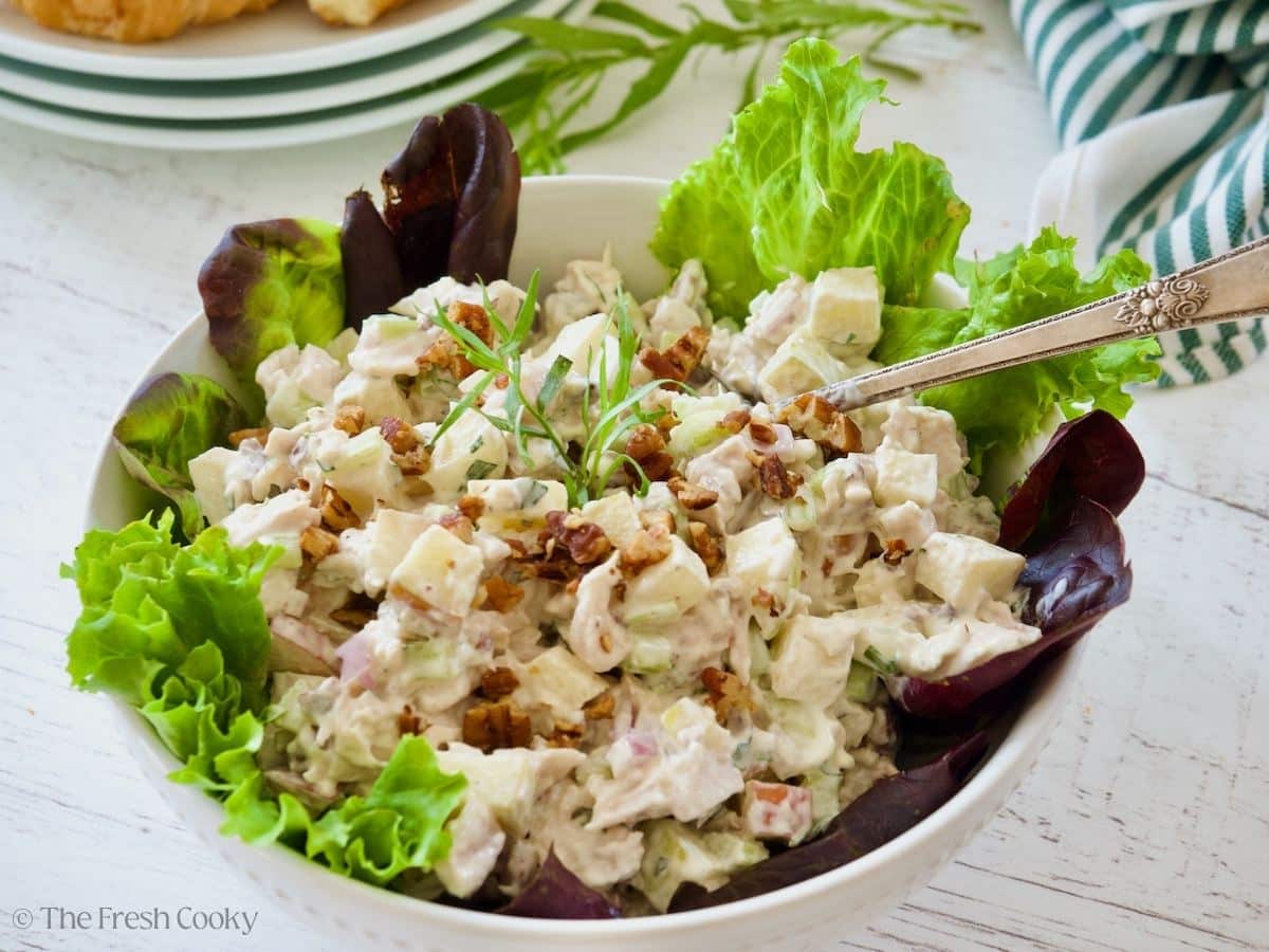 A bowl of chicken salad with green lettuce, and topped with pecans and tarragon.
